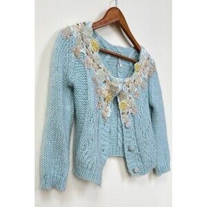 Free People Blue Cable Knit Cardigan with Floral Appliqués